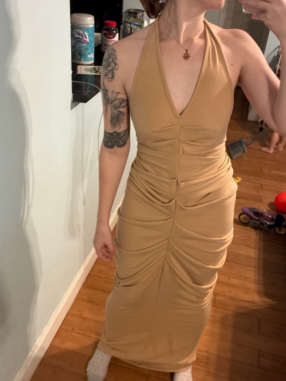 SHEIN Tan Halter Ruched Maxi Dress